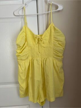 Aerie Bright Yellow Smocked Ruched Tie Front Sleeveless Pockets Shorts Romper XL